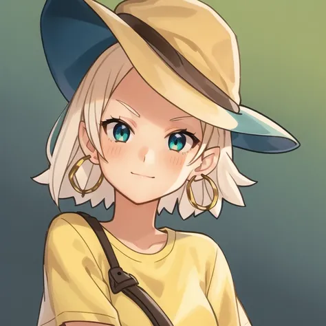 <lora:waven-chibi-races-and-emotes:1>, masterpiece, best quality, 1girl, aqua eyes, baseball cap, blonde hair, closed mouth, earrings, green background, hat, hoop earrings, jewelry, looking at viewer, shirt, short hair, simple background, solo, upper body, yellow shirt