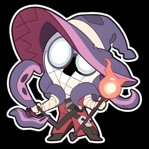 (xelor:1.1), happy, simple background, chibi, 1boy, solo, full body, black background, flat color, outline, bandages, witch hat, clock, bandaged head, covered face, blank eyes, glowing eyes, <lora:waven-chibi-races-and-emotes:1>, staff, standing, (tentacles:1.2),