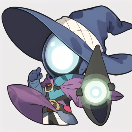 (xelor:1.1), happy, simple background, chibi, 1boy, solo, full body, black background, flat color, outline, bandages, witch hat, clock, bandaged head, covered face, blank eyes, glowing eyes, <lora:waven-chibi-races-and-emotes:1>