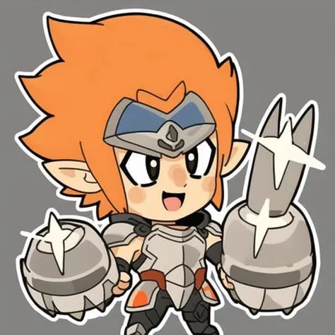 <lora:waven-chibi-races-and-emotes:1>, iop, happy, simple background, chibi, 1boy, solo, (full body:1.2), black background, flat color, outline, orange hair, spiked hair, blank eyes, standing, armor