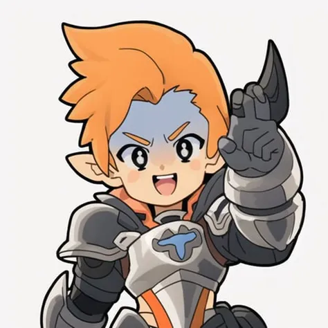 <lora:waven-chibi-races-and-emotes:1>, iop, happy, simple background, chibi, 1boy, solo, (full body:1.2), black background, flat color, outline, orange hair, spiked hair, blank eyes, standing, armor