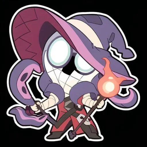 (xelor:1.1), happy, simple background, chibi, 1boy, solo, full body, black background, flat color, outline, bandages, witch hat, clock, bandaged head, covered face, blank eyes, glowing eyes, <lora:waven-chibi-races-and-emotes:1>, staff, standing, (tentacles:1.2),