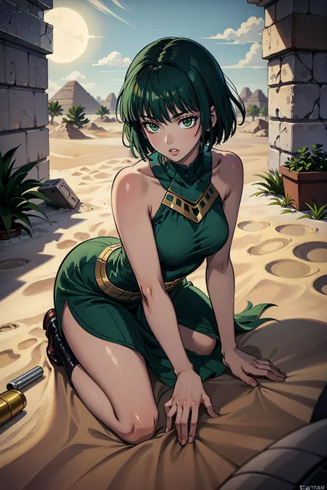 masterpiece, best quality, 1girl, solo, facing viewer, <lora:EPopmFubuki-09:0.8>, EPopmFubuki, short hair, green hair, green eyes, <lora:AncientEgyptianClothes:1> ancient egyptian clothes, desert, sand, dust, sun, all fours, parted lips