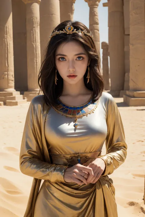 (Best Quality, Masterpiece:1.4), (Realism:1.2), (Realisitc:1.2), (Absurdres:1.2), (photorealistic:1.3), 1girl,Realistic Skin,Solo,( Very Big Eyes,beautiful detailed eyes, symmetric eyes), ((cowboy shot)),outdoors, jewelry, makeup, short hair, tiara, messy hair, <lora:AncientEgyptianClothes:0.8> ancient egyptian clothes, Egyptian temple, statues, sweating, sand,