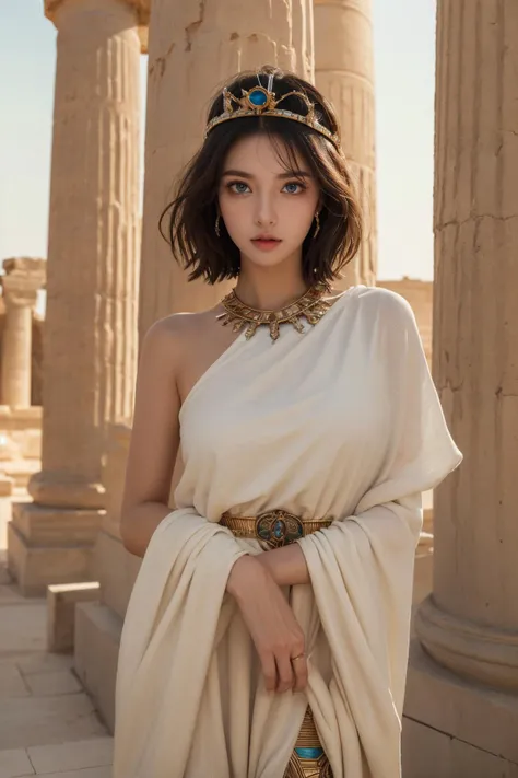(Best Quality, Masterpiece:1.4), (Realism:1.2), (Realisitc:1.2), (Absurdres:1.2), (photorealistic:1.3), 1girl,Realistic Skin,Solo,( Very Big Eyes,beautiful detailed eyes, symmetric eyes), ((cowboy shot)),outdoors, jewelry, makeup, short hair, tiara, messy hair, <lora:AncientEgyptianClothes:0.7> ancient egyptian clothes, Egyptian temple, statues, sweating, sand,