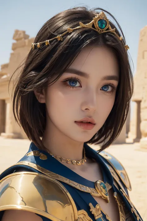 (Best Quality, Masterpiece:1.4), (Realism:1.2), (Realisitc:1.2), (Absurdres:1.2), (photorealistic:1.3), 1girl,Realistic Skin,Solo,( Very Big Eyes,beautiful detailed eyes, symmetric eyes), ((cowboy shot)), sexy armor, armor,outdoors, jewelry, makeup, short hair, tiara, messy hair, <lora:AncientEgyptianClothes:0.7> ancient egyptian clothes, Egyptian temple, statues, sweating, sand,