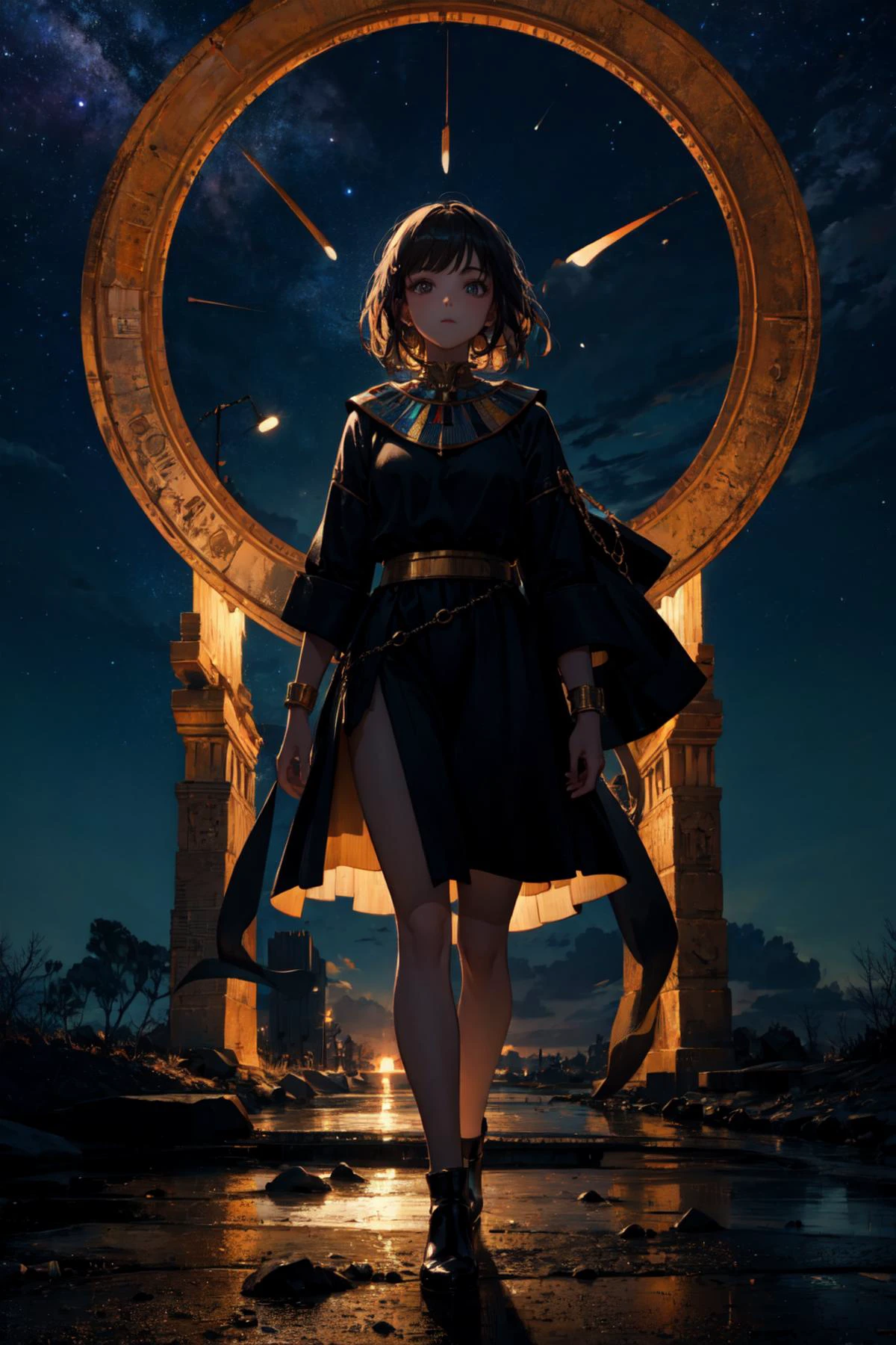 full body shot,natural lighting, soft lighting, sunlight, HDR (High Dynamic Range), Maximum Clarity And Sharpness, Multi-Layered Textures,(beautiful nightsky background:1.3),
<lora:AncientEgyptianClothes:1> ancient egyptian clothes, 1girl, solo, dark skin