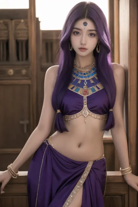 egyptian clothes, 1girl, solo, jewelry, looking at viewer, dark skin, navel, bracelet, bare shoulders, purple hair, <lora:EgyptianClothes-10:0.8>