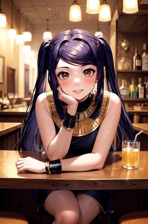 (masterpiece, best quality, detailed), 1girl, solo, looking at viewer, defJill, twintails, <lora:AncientEgyptianClothes:1> ancient egyptian clothes, indoors, alcohol, bar \(place\), counter, table, stool, chandelier, pov across table, elbows on table, elbow rest, smile, parted lips