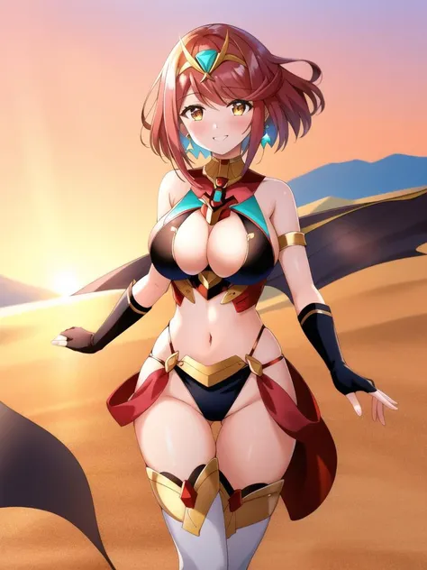 masterpiece, best quality, desert background, full body, thigh gap, windy, smile, sideboobs <lora:EgyptianClothes:1> egyptian clothes,  <lora:pyra-xb-richy-v1:0.7> pyradef, tiara, earrings, chest jewel, fingerless gloves, thighhighs,