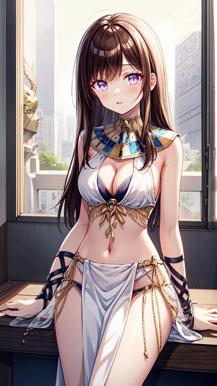 masterpiece,best quality,highres,illustration,hyper detailed,8k cg wallpaper,ray tracing,((brown hair:1.2)),((long hair:1.2)),((purple eyes:1.2)),((straight hair:1.3)),medium breasts,(hiten1:0.8),<lora:add_detail:1>,((egyptian clothes:1.2)),<lora:EgyptianClothes-10:1.1>,((cleavage:1.1)),((pelvic curtain:1.1)),solo,1girl,