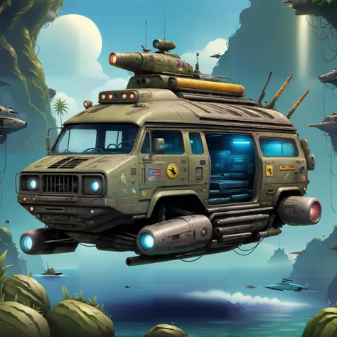 army hummer with gun attached, lush jungle background, RktCrs style <lora:RktCrs-XL-V2-000080:0.85> jet thruster mounted to bottom of vehicle