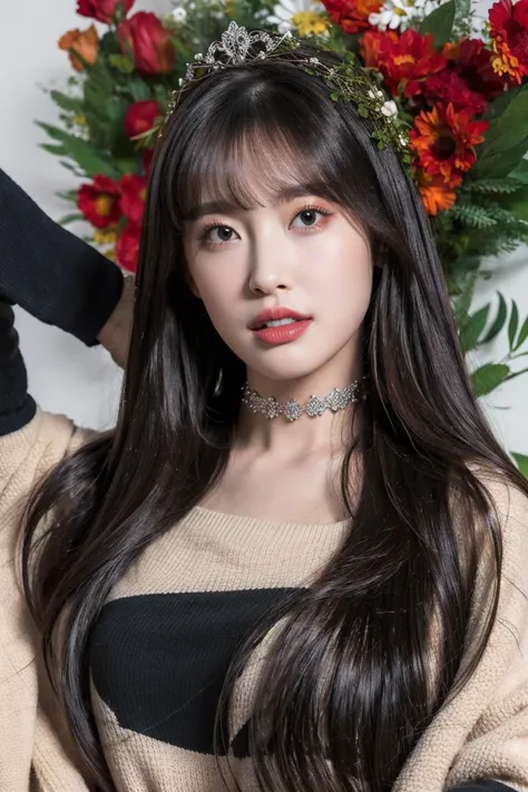 best quality, masterpiece, (photorealistic:1.4), 1girl, sweater, Choker,  High Ligth, Summer ligth, Face Shot, sexy look, outside, upper body:1.2, black hair, long hair, wreath, <lora:add_detail:0.3>  Tiara, <lora:Aririrns-06:0.8>