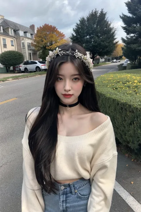 best quality, masterpiece, (photorealistic:1.4), 1girl, sweater, Choker, High Ligth, Summer ligth, Face Shot, sexy look, outside, upper body:1.2, black hair, long hair, wreath, <lora:add_detail:0.3> Tiara, <lora:Aririrns-06:0.8>