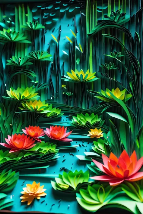 paper strip art, cyberpunk, natural sunlight, interior, in a Laborwave Flooded forest with water lilies<lora:EnvyBetterHiresFixXL01:0:hr=1><lora:EnvyPaperXL01:1>