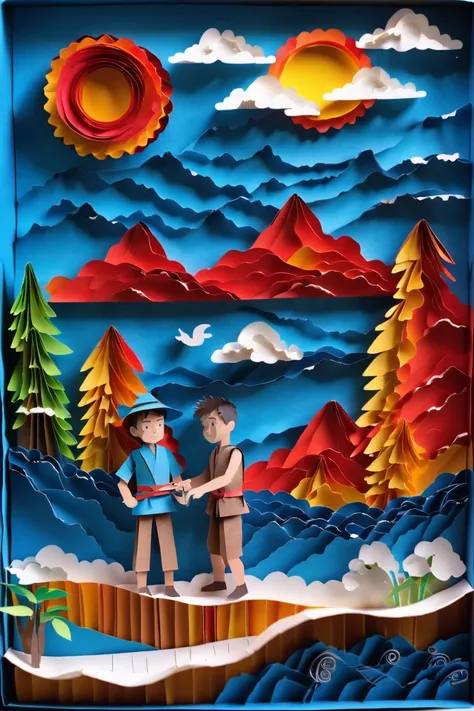 paper strip diorama, <lora:EnvySendNoodzXL01:1>1boy, man, ruggedly handsome, noon, blue sky, clouds, scenery,  Ancient Impact Basins<lora:EnvyBetterHiresFixXL01:0:hr=1><lora:EnvyPaperXL01:1>