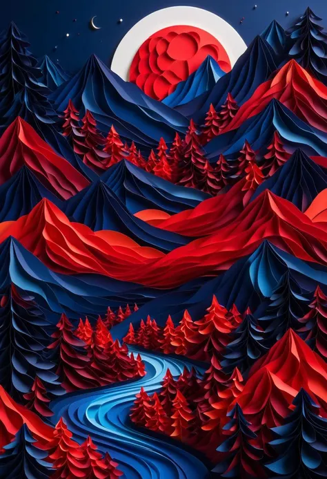 This image depicts a surreal, otherworldly landscape. The scene features a mountainous terrain with towering, sharp-peaked mountains in shades of white and red. The foreground shows a winding river or stream snaking through the rocky terrain, which is covered with red, conical-shaped trees or vegetation.
The sky is a deep, dark blue color with multiple spheres or moons of various sizes, some appearing to be full moons while others are crescent shapes. Scattered across the sky are glittering stars, adding to the celestial and dreamlike atmosphere.
The overall color palette consists primarily of whites, reds, and blues, creating a striking and imaginative visual. The style of the image is highly stylized and has a distinct, illustrative quality, resembling a fantasy or science fiction illustration.
paper strip,