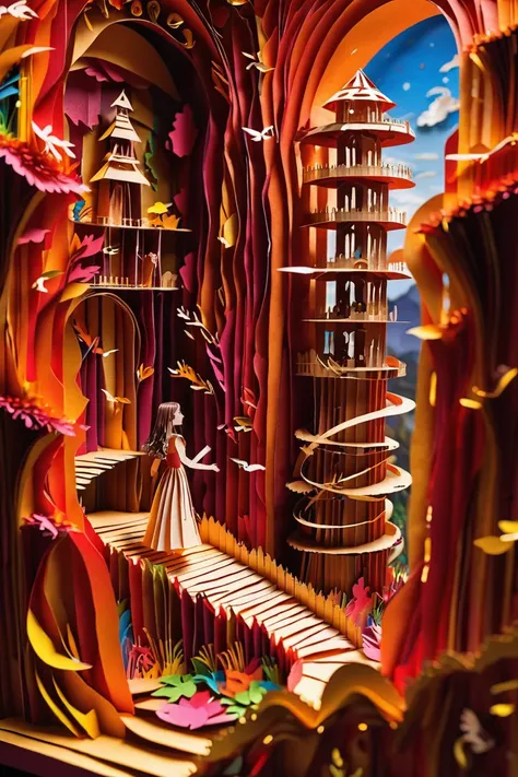 paper strip diorama, <lora:EnvySendNoodzXL01:0>1girl, woman, beautiful, watchtower in a infinite,abandoned fantasy hillside megastructure beyond the beginning of time, masterpiece, by Colin Geller<lora:EnvyBetterHiresFixXL01:0:hr=1><lora:EnvyPaperXL01:1>