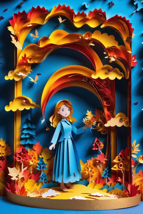 paper strip diorama, fantasy, golden hour, blue sky, clouds, scenery, autumn Christian Girl Autumn magic toy shop by a dimensional portal<lora:EnvyBetterHiresFixXL01:0:hr=1><lora:EnvyPaperXL01:1>