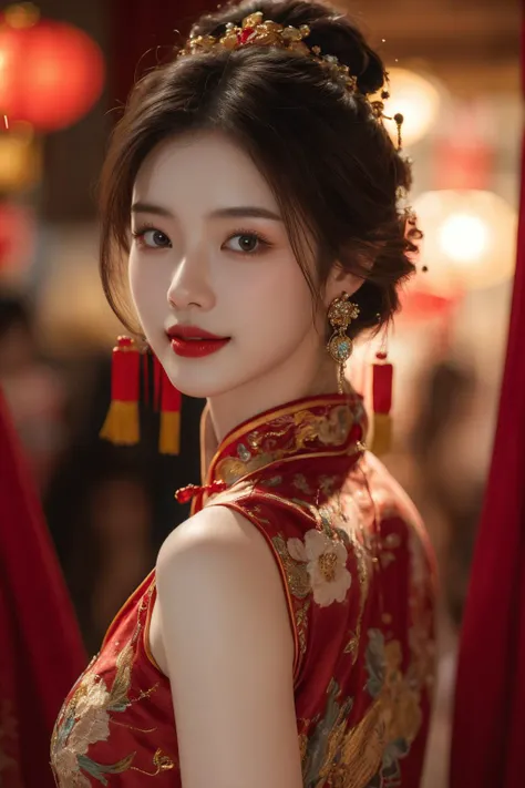 <lora:Spring Festival_20240128014515:0.8>, best quality, masterpiece, illustration, realistic, photo-realistic, amazing, finely detail, incredibly absurdres, huge filesize, ultra-detailed, highres, extremely detailed CG unity 8k wallpaper, nsfw, A captivating young Chinese woman adorned with hair ornaments and earrings. Her long black eyelashes frame her expressive eyes, which sparkle with mischief. Rosy blush dances on her cheeks, hinting at a playful smile. She is attired in a striking red silk cheongsam, the deep V-neckline showcasing delicate embroidery that shimmers with gold thread. The blurred background fades against the vibrant red, drawing attention to her graceful silhouette. From this sidelong perspective, the viewer catches a glimpse of her playful charm and undeniable allure.