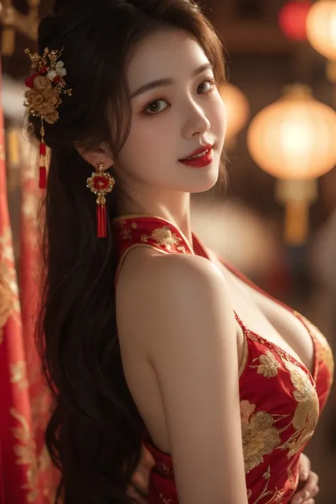 <lora:Spring Festival_20240128014515:0.8>, best quality, masterpiece, illustration, realistic, photo-realistic, amazing, finely detail, incredibly absurdres, huge filesize, ultra-detailed, highres, extremely detailed CG unity 8k wallpaper, nsfw, A captivating young Chinese woman adorned with hair ornaments and earrings. Her long black eyelashes frame her expressive eyes, which sparkle with mischief. Rosy blush dances on her cheeks, hinting at a playful smile. She is attired in a striking red silk cheongsam, the deep V-neckline showcasing delicate embroidery that shimmers with gold thread. The blurred background fades against the vibrant red, drawing attention to her graceful silhouette. From this sidelong perspective, the viewer catches a glimpse of her playful charm and undeniable allure.