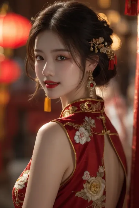 <lora:Spring Festival_20240128014515:0.8>, best quality, masterpiece, illustration, realistic, photo-realistic, amazing, finely detail, incredibly absurdres, huge filesize, ultra-detailed, highres, extremely detailed CG unity 8k wallpaper, nsfw, A captivating young Chinese woman adorned with hair ornaments and earrings. Her long black eyelashes frame her expressive eyes, which sparkle with mischief. Rosy blush dances on her cheeks, hinting at a playful smile. She is attired in a striking red silk cheongsam, the deep V-neckline showcasing delicate embroidery that shimmers with gold thread. The blurred background fades against the vibrant red, drawing attention to her graceful silhouette. From this sidelong perspective, the viewer catches a glimpse of her playful charm and undeniable allure.