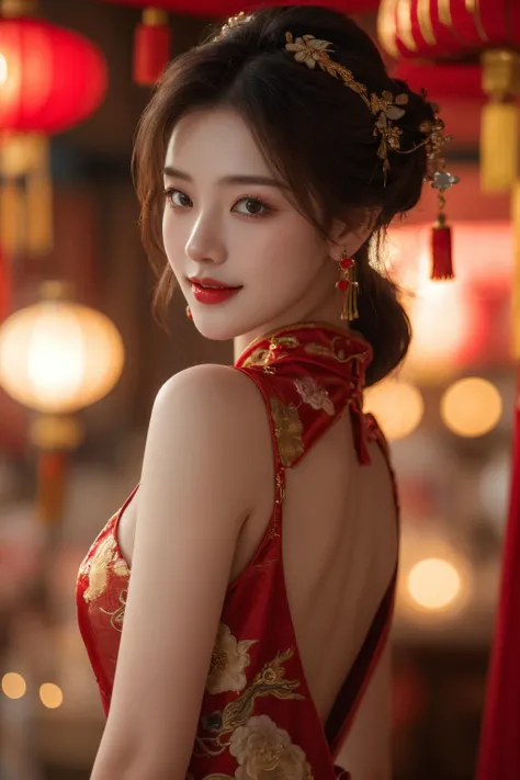 <lora:Spring Festival_20240128014515:0.8>, best quality, masterpiece, illustration, realistic, photo-realistic, amazing, finely detail, incredibly absurdres, huge filesize, ultra-detailed, highres, extremely detailed CG unity 8k wallpaper, nsfw, A captivating young Chinese woman adorned with hair ornaments and earrings. Her long black eyelashes frame her expressive eyes, which sparkle with mischief. Rosy blush dances on her cheeks, hinting at a playful smile. She is attired in a striking red silk cheongsam, the deep V-neckline showcasing delicate embroidery that shimmers with gold thread. The blurred background fades against the vibrant red, drawing attention to her graceful silhouette. From this sidelong perspective, the viewer catches a glimpse of her playful charm and undeniable allure.