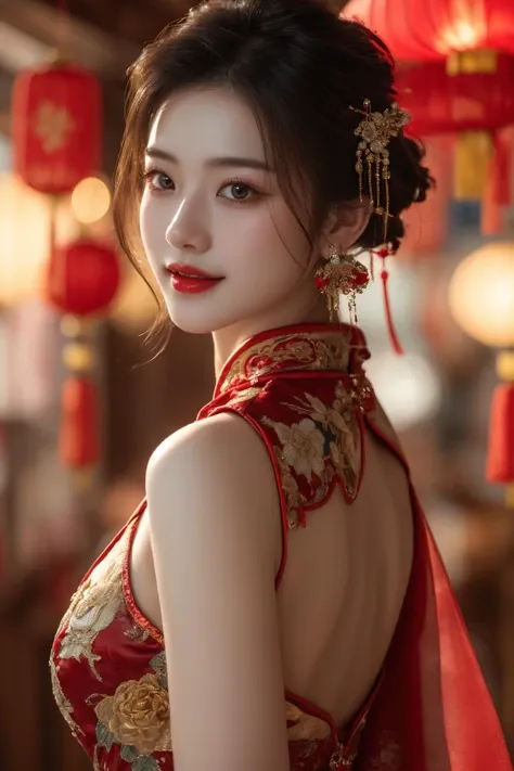 <lora:Spring Festival_20240128014515:0.8>, best quality, masterpiece, illustration, realistic, photo-realistic, amazing, finely detail, incredibly absurdres, huge filesize, ultra-detailed, highres, extremely detailed CG unity 8k wallpaper, nsfw, A captivating young Chinese woman adorned with hair ornaments and earrings. Her long black eyelashes frame her expressive eyes, which sparkle with mischief. Rosy blush dances on her cheeks, hinting at a playful smile. She is attired in a striking red silk cheongsam, the deep V-neckline showcasing delicate embroidery that shimmers with gold thread. The blurred background fades against the vibrant red, drawing attention to her graceful silhouette. From this sidelong perspective, the viewer catches a glimpse of her playful charm and undeniable allure.