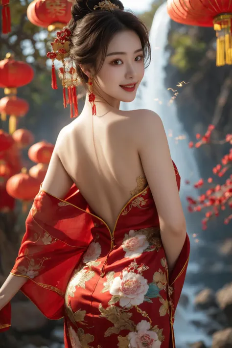 <lora:Spring Festival_20240128014515:0.8>, best quality, masterpiece, illustration, realistic, photo-realistic, amazing, finely detail, incredibly absurdres, huge filesize, ultra-detailed, highres, extremely detailed CG unity 8k wallpaper, nsfw, A vision of elegance in red, a young Chinese woman glides through the vibrant Spring Festival celebration. Her hair, adorned with traditional ornaments, cascades down her back in a silken waterfall. Delicate earrings glint like captured fireflies as she turns her head, a playful smile gracing her rosy cheeks. The deep V-neckline of her silk cheongsam dips alluringly low, hinting at the curvaceous beauty beneath. From this perspective, the viewer follows her captivating form, mesmerized by the sensuous dance of fabric and form.