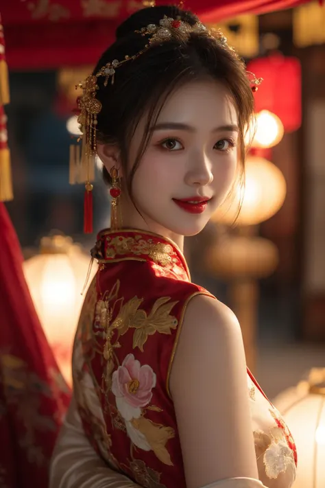 <lora:Spring Festival_20240128014515:0.8>, best quality, masterpiece, illustration, realistic, photo-realistic, amazing, finely detail, incredibly absurdres, huge filesize, ultra-detailed, highres, extremely detailed CG unity 8k wallpaper, nsfw, A captivating young Chinese woman adorned with hair ornaments and earrings. Her long black eyelashes frame her expressive eyes, which sparkle with mischief. Rosy blush dances on her cheeks, hinting at a playful smile. She is attired in a striking red silk cheongsam, the deep V-neckline showcasing delicate embroidery that shimmers with gold thread. The blurred background fades against the vibrant red, drawing attention to her graceful silhouette. From this sidelong perspective, the viewer catches a glimpse of her playful charm and undeniable allure.