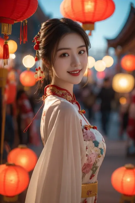<lora:Spring Festival_20240128014515:0.8>, best quality, masterpiece, illustration, realistic, photo-realistic, amazing, finely detail, incredibly absurdres, huge filesize, ultra-detailed, highres, extremely detailed CG unity 8k wallpaper, nsfw, Intensify the focus, drawing the viewer into the captivating allure of a young Chinese woman's smile. Forget full-body shots, zoom in on the delicate dance of emotion playing across her rosy cheeks, framed by long, lush lashes. Capture the subtle quiver of her lips as a playful smile blooms, hinting at unspoken secrets. Let the soft glow of Spring Festival lanterns illuminate the gleam in her eyes and the glint of gold embroidery adorning her silk cheongsam. This close-up perspective invites the viewer into a mesmerizing encounter, face-to-face with captivating beauty.