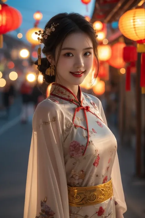 <lora:Spring Festival_20240128014515:0.8>, best quality, masterpiece, illustration, realistic, photo-realistic, amazing, finely detail, incredibly absurdres, huge filesize, ultra-detailed, highres, extremely detailed CG unity 8k wallpaper, nsfw, Intensify the focus, drawing the viewer into the captivating allure of a young Chinese woman's smile. Forget full-body shots, zoom in on the delicate dance of emotion playing across her rosy cheeks, framed by long, lush lashes. Capture the subtle quiver of her lips as a playful smile blooms, hinting at unspoken secrets. Let the soft glow of Spring Festival lanterns illuminate the gleam in her eyes and the glint of gold embroidery adorning her silk cheongsam. This close-up perspective invites the viewer into a mesmerizing encounter, face-to-face with captivating beauty.