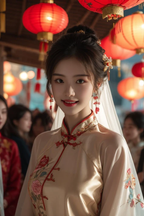 <lora:Spring Festival_20240128014515:0.8>, best quality, masterpiece, illustration, realistic, photo-realistic, amazing, finely detail, incredibly absurdres, huge filesize, ultra-detailed, highres, extremely detailed CG unity 8k wallpaper, nsfw, Intensify the focus, drawing the viewer into the captivating allure of a young Chinese woman's smile. Forget full-body shots, zoom in on the delicate dance of emotion playing across her rosy cheeks, framed by long, lush lashes. Capture the subtle quiver of her lips as a playful smile blooms, hinting at unspoken secrets. Let the soft glow of Spring Festival lanterns illuminate the gleam in her eyes and the glint of gold embroidery adorning her silk cheongsam. This close-up perspective invites the viewer into a mesmerizing encounter, face-to-face with captivating beauty.