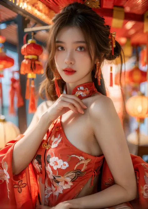 spring festival, chinese clothes, red cloth with embroidery, bare shoulders, red lanterns, hair ornament, (((red theme, bright theme))), (masterpiece),((ultra-detailed)), (highly detailed CG illustration),(expressionless), (best quality:1.2),(1girl:1.2),High quality texture, intricate details, detailed texture, High quality shadow, brown eye pupil, depth of field, perspective,20s, (big eyes:1.2),blush, glossy lips, perfect body, lean body, (narrow waist:1.3), large breast, distinct_image, (lustrous skin), solo focus, (brown hair), (streaked hair), ((long hair)), <lora:add_detail:0.5>, <lora:GoodHands-beta2:1>, <lora:FilmVelvia3:0.5>, <lora:janicee:0.5>, <lora:AlexiaAnders-01:0.5>, <lora:Spring Festival:1>