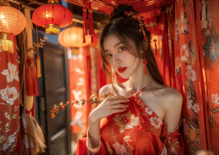 spring festival, chinese clothes, red cloth with embroidery, bare shoulders, red lanterns, hair ornament, (((red theme, bright theme))), (masterpiece),((ultra-detailed)), (highly detailed CG illustration),(expressionless), (best quality:1.2),(1girl:1.2),High quality texture, intricate details, detailed texture, High quality shadow, brown eye pupil, depth of field, perspective,20s, (big eyes:1.2),blush, glossy lips, perfect body, lean body, (narrow waist:1.3), large breast, distinct_image, (lustrous skin), solo focus, (brown hair), (streaked hair), ((long hair)), <lora:add_detail:0.5>, <lora:GoodHands-beta2:1>, <lora:FilmVelvia3:0.5>, <lora:janicee:0.5>, <lora:AlexiaAnders-01:0.5>, <lora:Spring Festival:1>