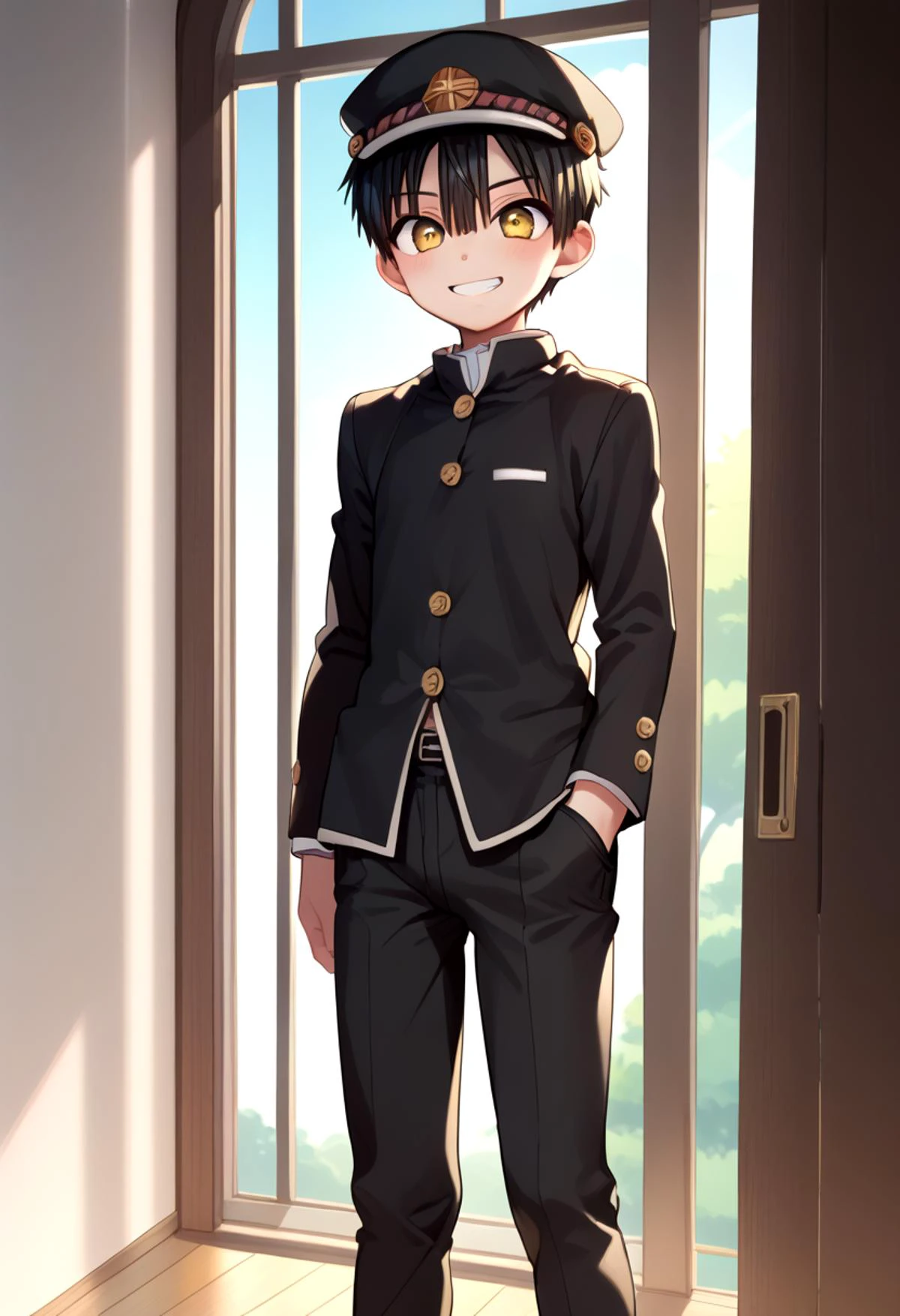 score_9, score_8_up, score_7_up, detailed eyes, BREAK
straight on shot, standing,
<lora:hanako-000025:0.8>,yugi_amane, amber eyes, petite, aged down, child,
one boy standing in a hallway. (black gakuran:1.3), (black jacket:1.2),
His hair is black his eyes are amber color. close up
He is wearing a (black school uniform:1.2) and a (black paked cap:1.2). ,
, wide grin, black clothes