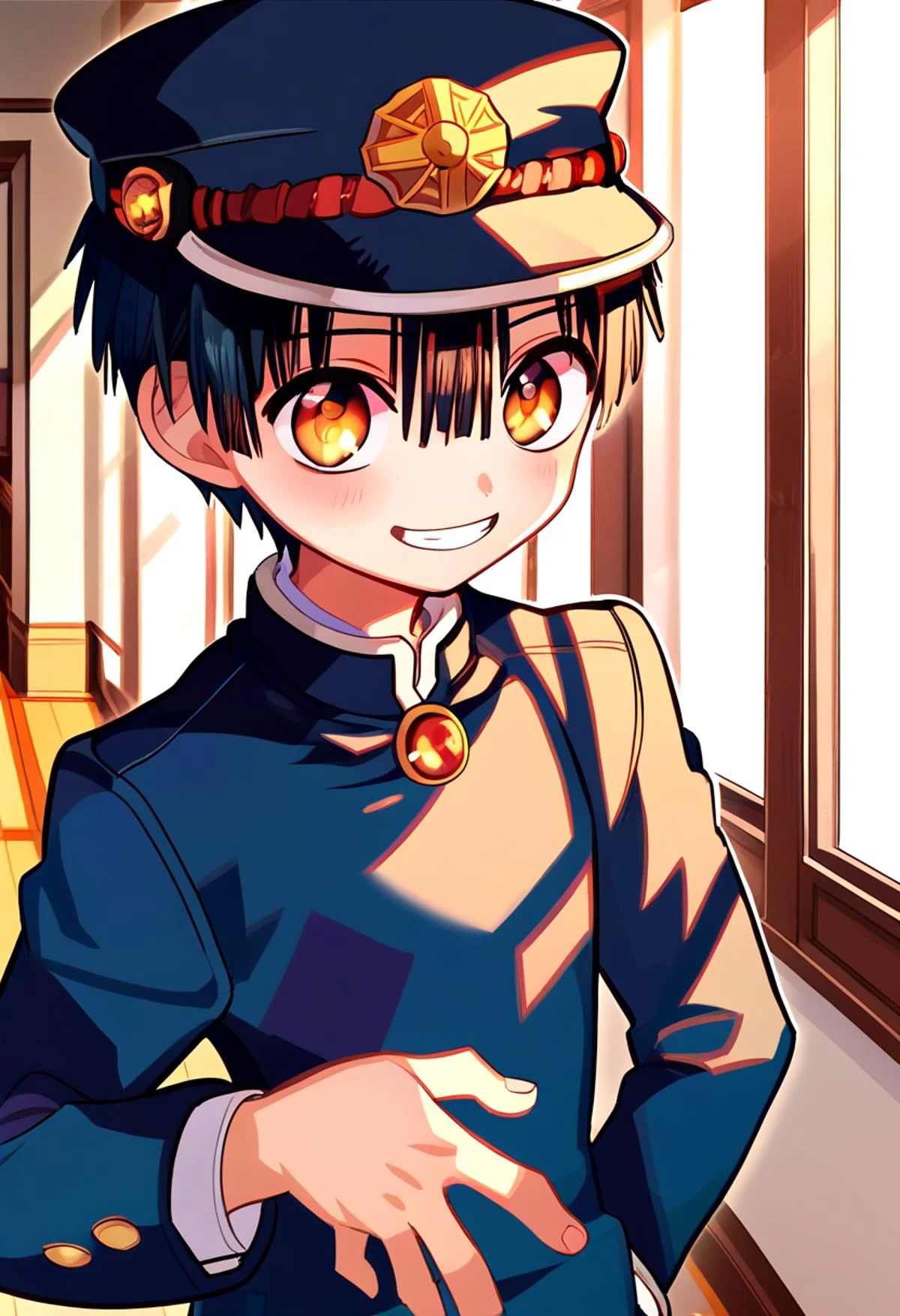 score_9, score_8_up, score_7_up, detailed eyes, BREAK
straight on shot, standing,
<lora:hanako-000025:0.8>,yugi_amane, amber eyes, petite, aged down, ,
one boy standing in a hallway.
His hair is black his eyes are amber color. close up
He is wearing a (black school uniform:1.2) and a (black paked cap:1.2). ,
, wide grin
