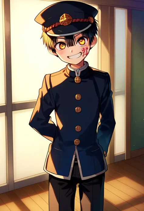 score_9, score_8_up, score_7_up, detailed eyes, BREAK
straight on shot, standing,
 <lora:hanako-000025:0.8>,yugi_amane, amber eyes, petite, aged down, child,
 one boy  standing in a hallway.
His hair is black his eyes are amber color. close up
He is wearing a  (black school uniform:1.2) and a (black paked cap:1.2).
, wide grin