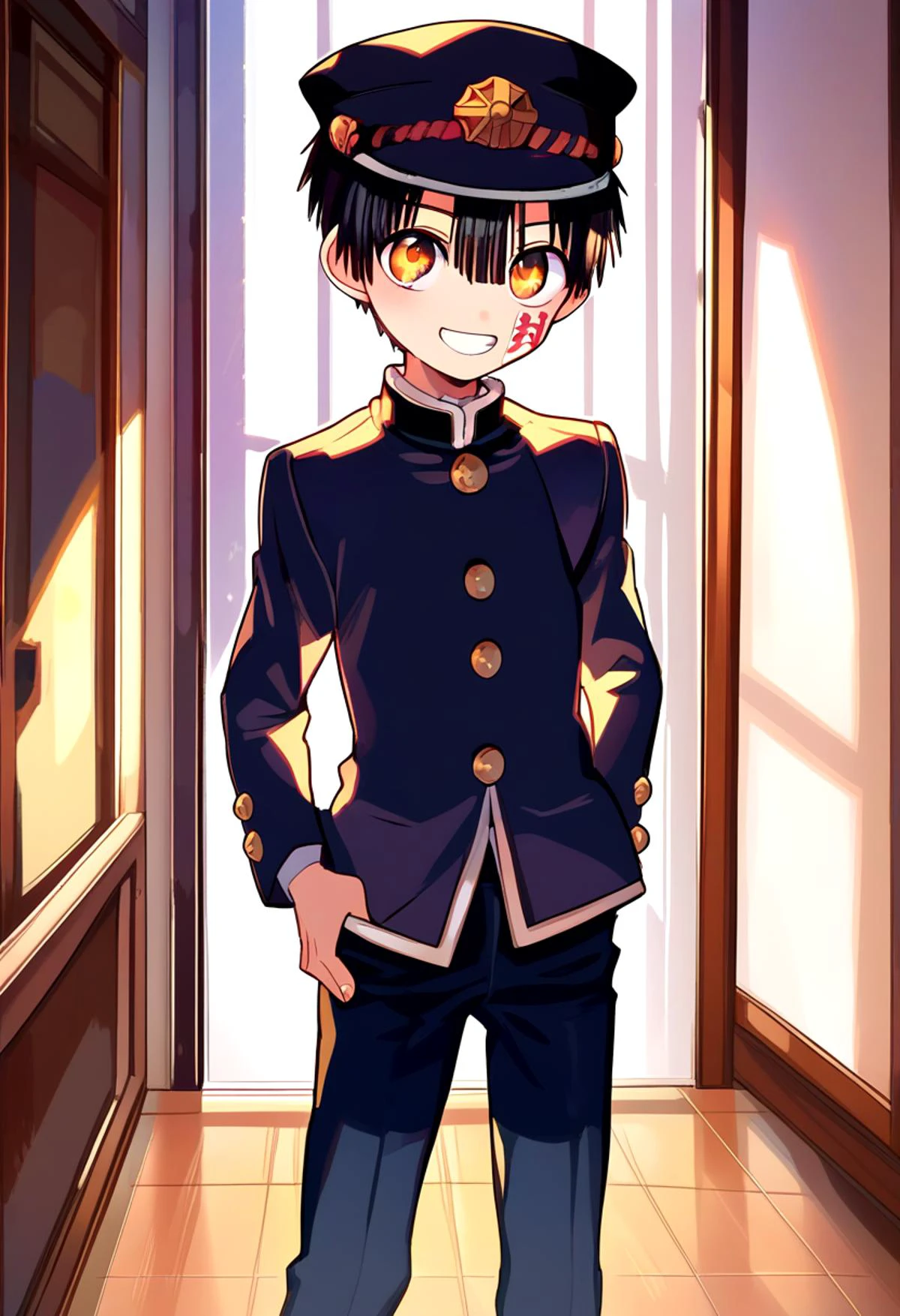 score_9, score_8_up, score_7_up, detailed eyes, BREAK
straight on shot, standing,
<lora:hanako-000025:0.8>,yugi_amane, amber eyes, petite, aged down, ,
one boy standing in a hallway.
His hair is black his eyes are amber color. close up
He is wearing a (black school uniform:1.2) and a (black paked cap:1.2). ,
, wide grin