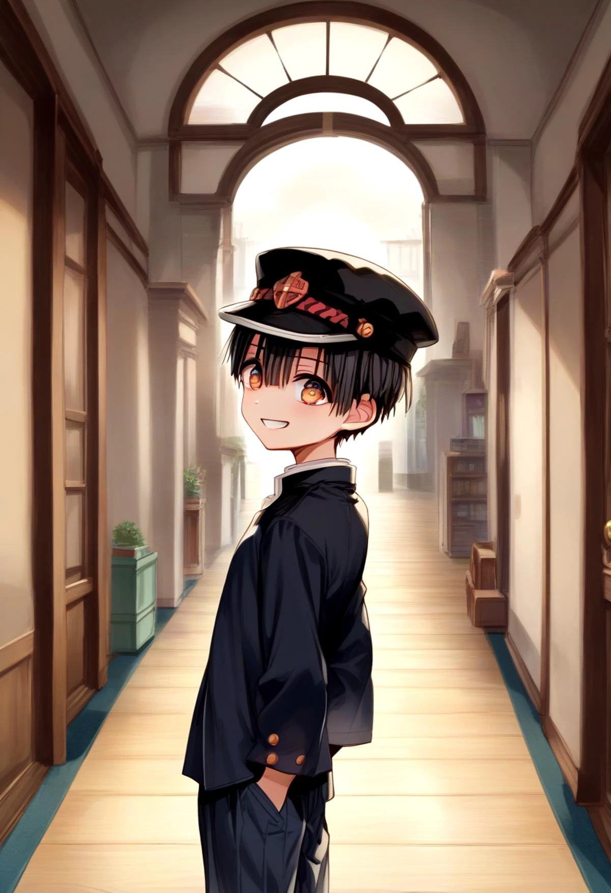 score_9, score_8_up, score_7_up, detailed eyes, BREAK
straight on shot, standing,
<lora:hanako-000025:0.8>,yugi_amane, amber eyes, petite, aged down, ,
one boy standing in a hallway.
His hair is black his eyes are amber color. close up
He is wearing a (black school uniform:1.2) and a (black paked cap:1.2).
, wide grin