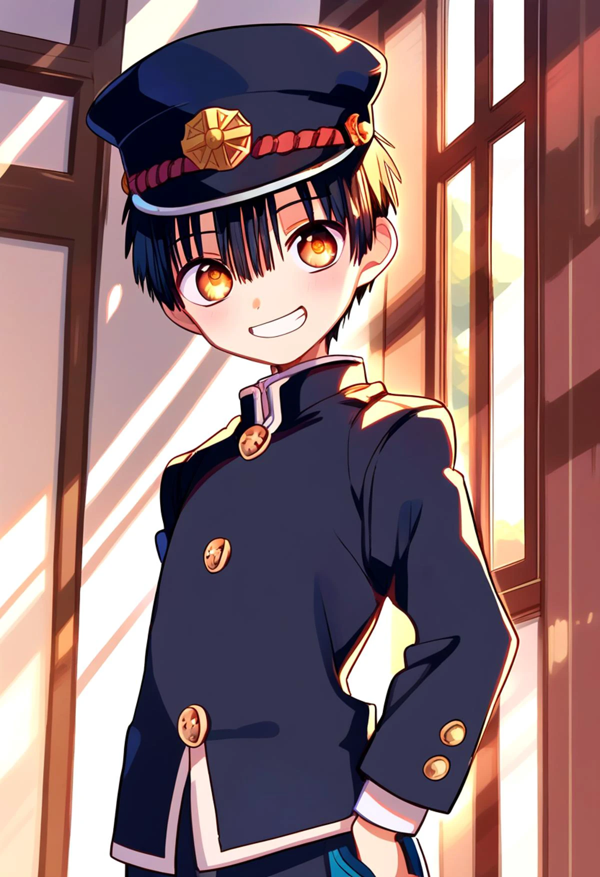 score_9, score_8_up, score_7_up, detailed eyes, BREAK
straight on shot, standing,
<lora:hanako-000025:0.8>,yugi_amane, amber eyes, petite, aged down, ,
one boy standing in a hallway.
His hair is black his eyes are amber color. close up
He is wearing a (black school uniform:1.2) and a (black paked cap:1.2). ,
, wide grin