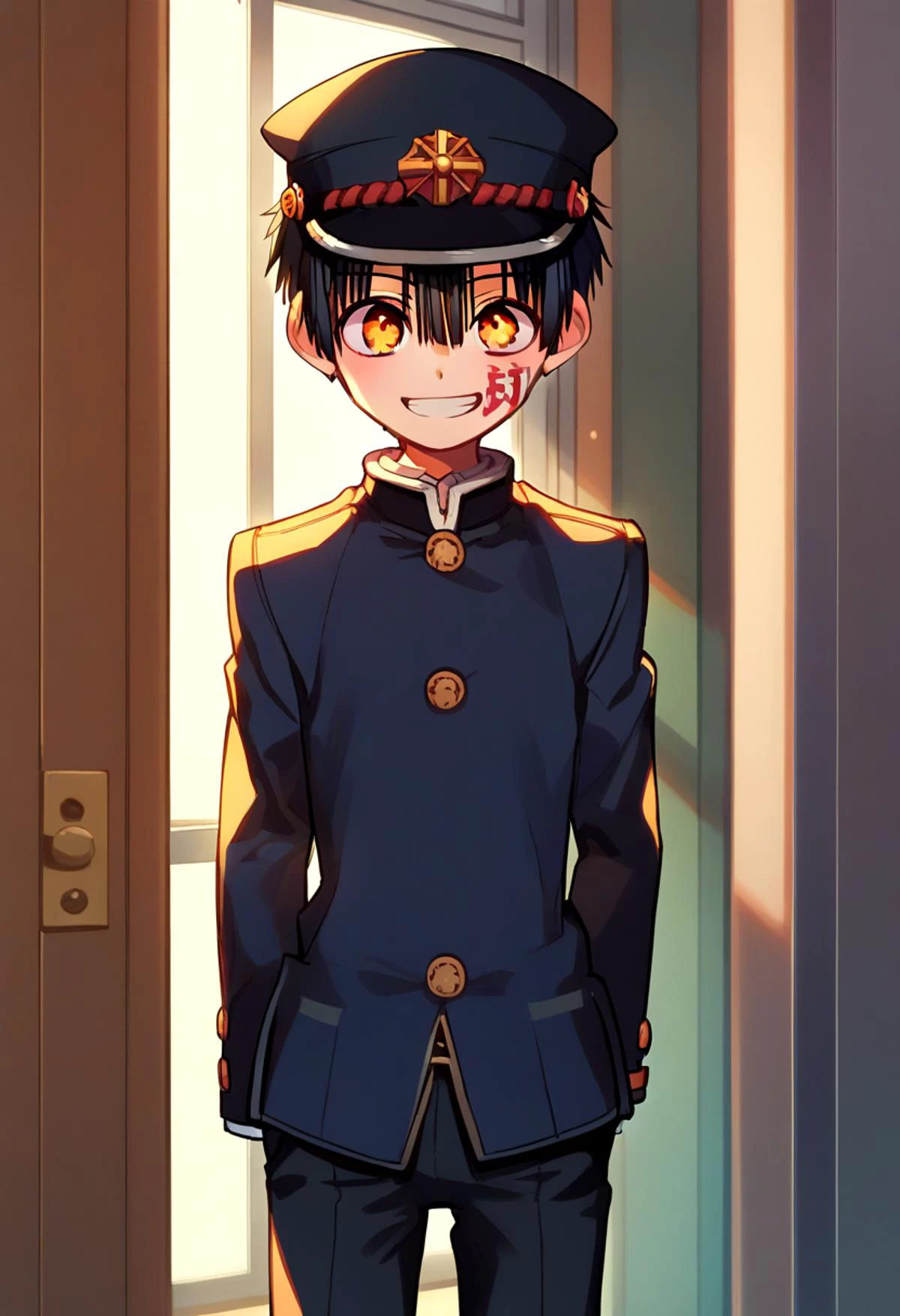 score_9, score_8_up, score_7_up, detailed eyes, BREAK
straight on shot, standing,
<lora:hanako-000025:0.8>,yugi_amane, amber eyes, petite, aged down, ,
one boy standing in a hallway.
His hair is black his eyes are amber color. close up
He is wearing a (black school uniform:1.2) and a (black paked cap:1.2). ,
, wide grin
