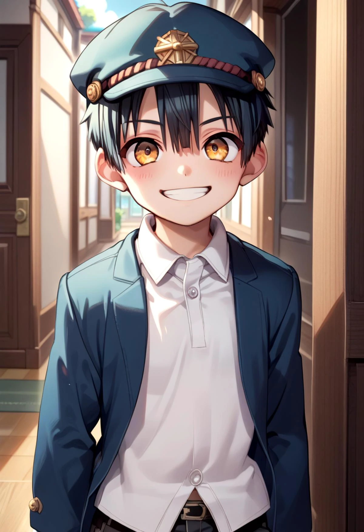 score_9, score_8_up, score_7_up, detailed eyes, BREAK
straight on shot, standing,
<lora:hanako-000025:0.8>,yugi_amane, amber eyes, petite, aged down, child,
one boy standing in a hallway. (black gakuran:1.3), (black jacket:1.2),
His hair is black his eyes are amber color. close up
He is wearing a (black school uniform:1.2) and a (black paked cap:1.2). ,
, wide grin, black clothes