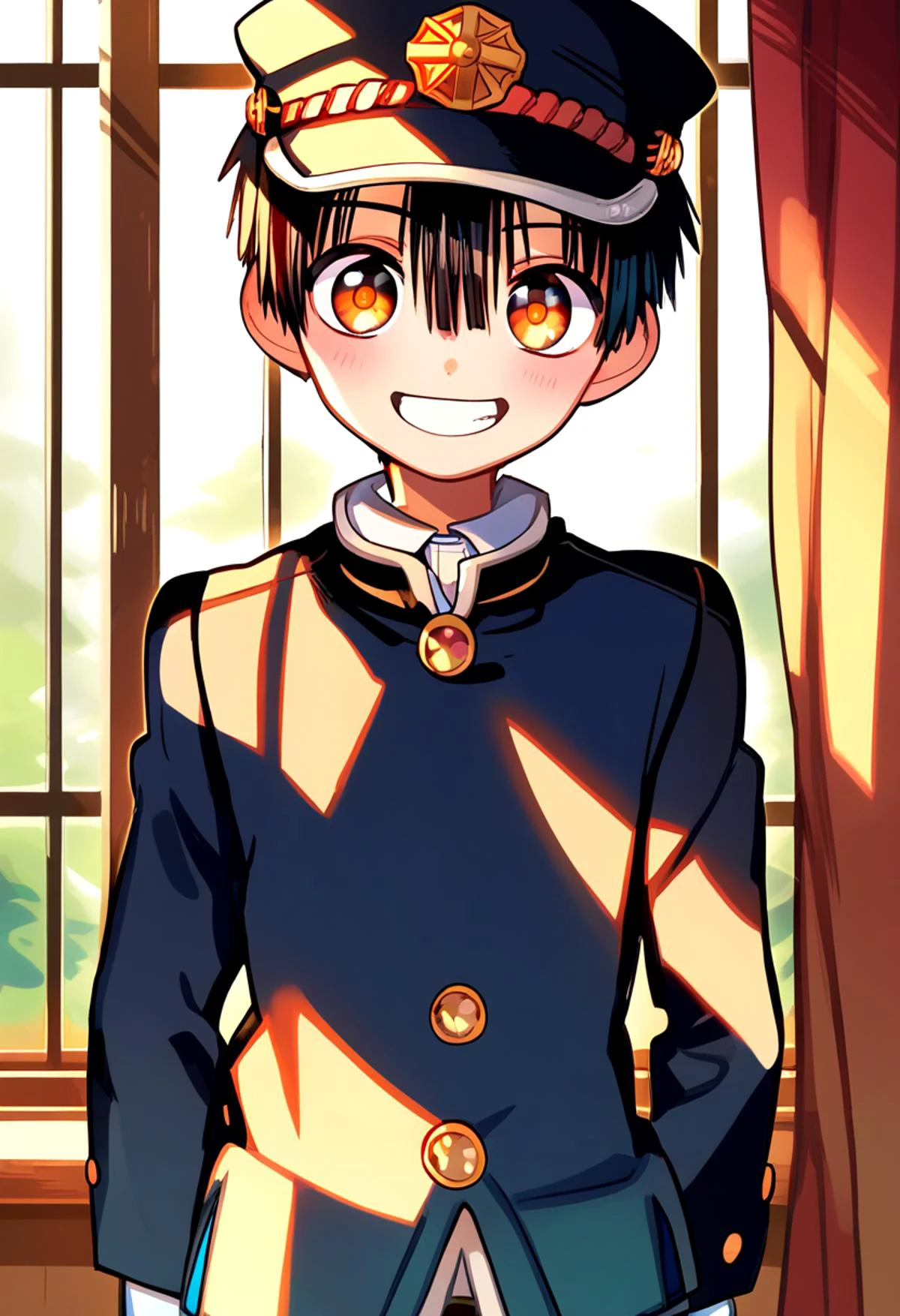 score_9, score_8_up, score_7_up, detailed eyes, BREAK
straight on shot, standing,
<lora:hanako-000025:0.8>,yugi_amane, amber eyes, petite, aged down, ,
one boy standing in a hallway.
His hair is black his eyes are amber color. close up
He is wearing a (black school uniform:1.2) and a (black paked cap:1.2). ,
, wide grin