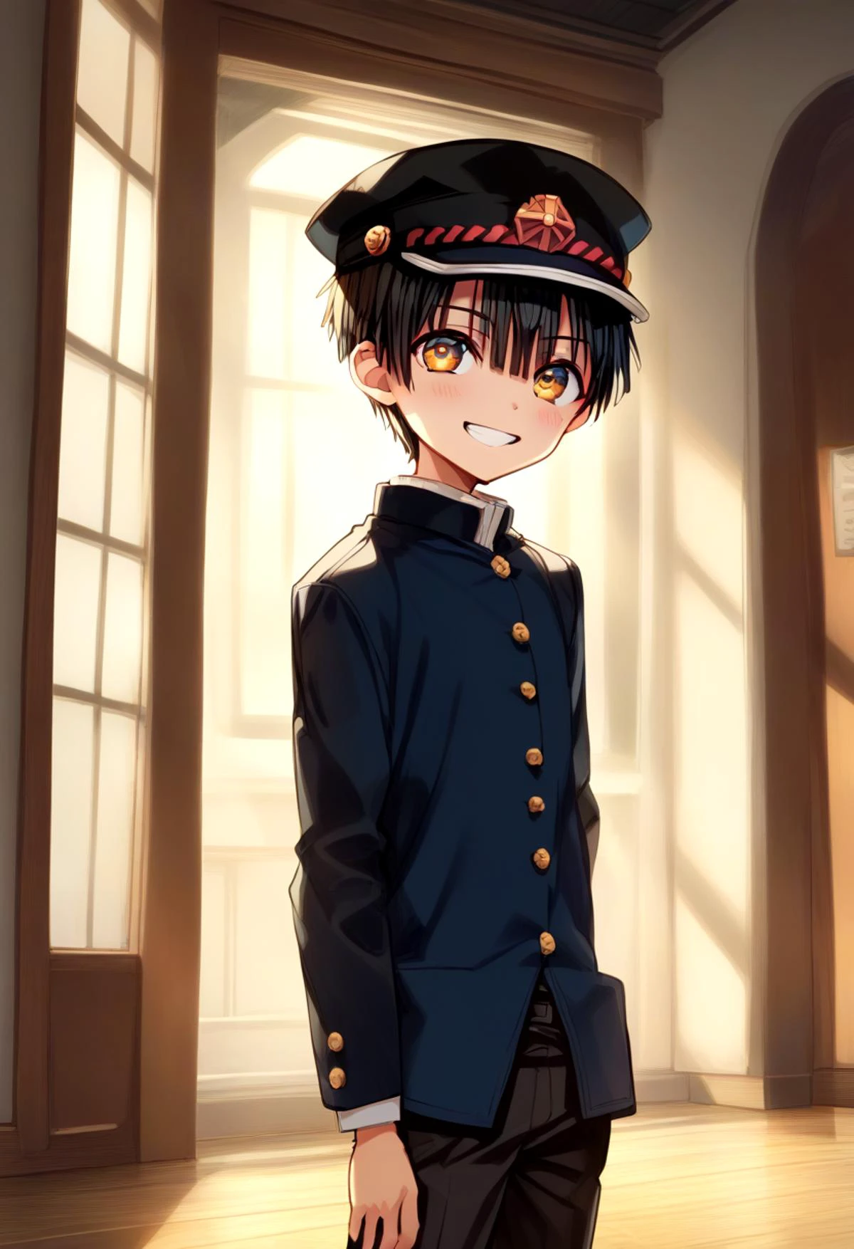 score_9, score_8_up, score_7_up, detailed eyes, BREAK
straight on shot, standing,
<lora:hanako-000025:0.8>,yugi_amane, amber eyes, petite, aged down, ,
one boy standing in a hallway.
His hair is black his eyes are amber color. close up
He is wearing a (black school uniform:1.2) and a (black paked cap:1.2).
, wide grin