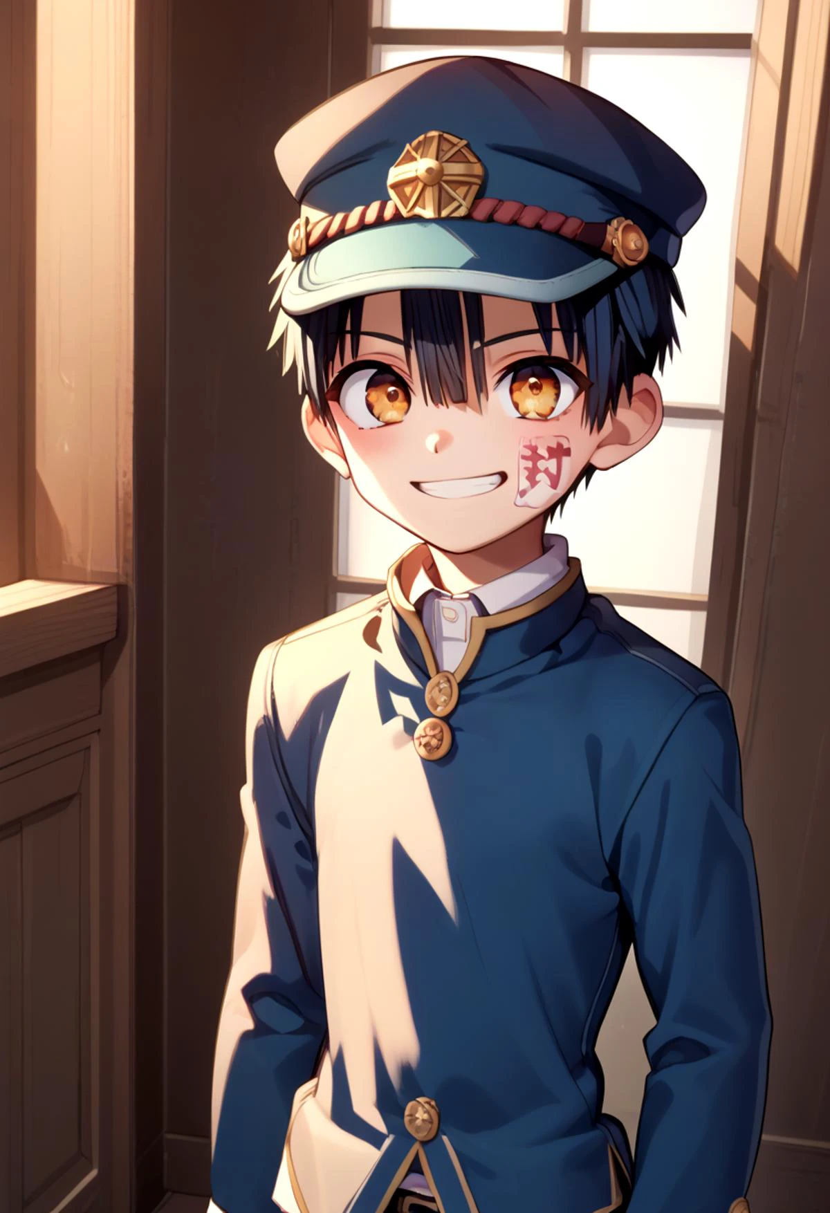 score_9, score_8_up, score_7_up, detailed eyes, BREAK
straight on shot, standing,
<lora:hanako-000025:0.8>,yugi_amane, amber eyes, petite, aged down,
one boy standing in a hallway.
His hair is black his eyes are amber color. close up
He is wearing a (black school uniform:1.2) and a (black paked cap:1.2). ,
, wide grin, black clothes