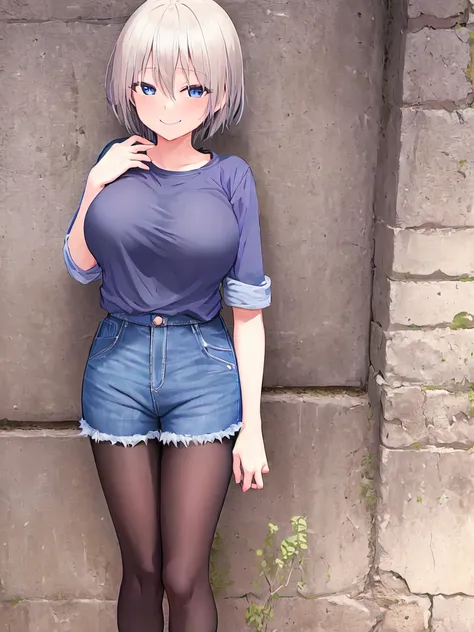 (masterpiece), (best quality), 1girl, solo, smug, happy, shirt, denim shorts, pantyhose, black legwear, standing, cowboy shot, large breasts, uzakihana, outdoors, petite, from above, shortstack,  <lora:uzakiHanaUzakiChanWants_v10:0.7>  <hypernet:bad-hands-5:1>