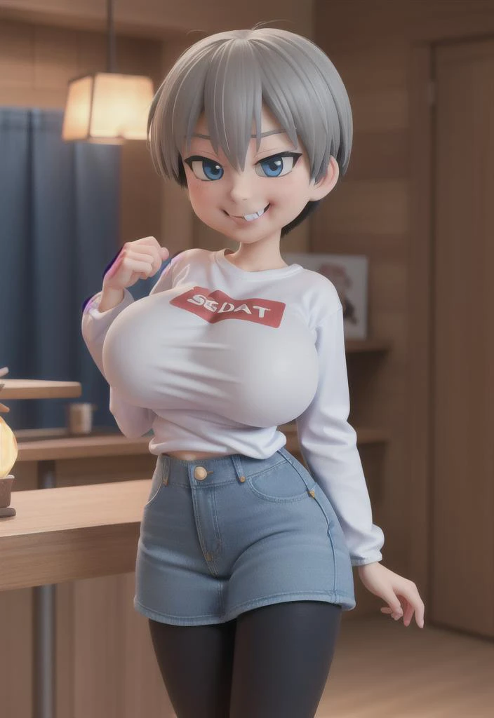 masterpiece,1 girl, solo, (uzakihana:1.1),(smirk:1.3), (mouth open laugh:1.2), (fang:1.3), (gigantic breasts:1.6), (long-sleeve t-shirt with the words "SUGOI DEKAI" printed on the front), (short light blue denim skirt:1.4), (black leggings:1.3), (small brown boots), nightclub interior, <lora:uzakihana:1>, <lora:short stack:0.4>