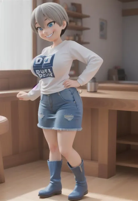 masterpiece,1 girl, solo,(uzakihana:1.1),(smirk:1.3), (laugh:1.2), (fang:1.1), (gigantic breasts:1.5), (long-sleeve t-shirt with the words "SUGOI DEKAI" printed on the front), (short light blue denim skirt:1.4), (black leggings:1.3), (small brown boots), tavern interior, <lora:uzakihana:1>, <lora:short stack:0.4>