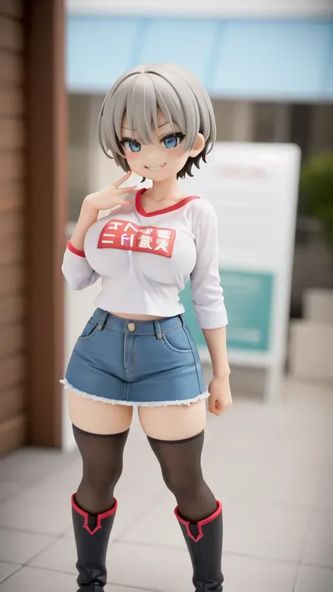 1girl, (uszakihana:1), (long-sleeve t-shirt with the words "SUGOI DEKAI" printed on the front), (short light blue denim skirt:1.4), (opaque black hosiery:1.3), ((small brown boots)), (smirk:1.2), (fangs), eye contact, (gigantic breasts:1.3), (shortstack:1.1), (cute:1.2), cafe, volumetric lighting, High definition, excellent resolution, excellent quality, insane detail, crisp face, facial features, extremely detailed, facial features <lora:short stack:0.6> <lora:uzakihana:1>